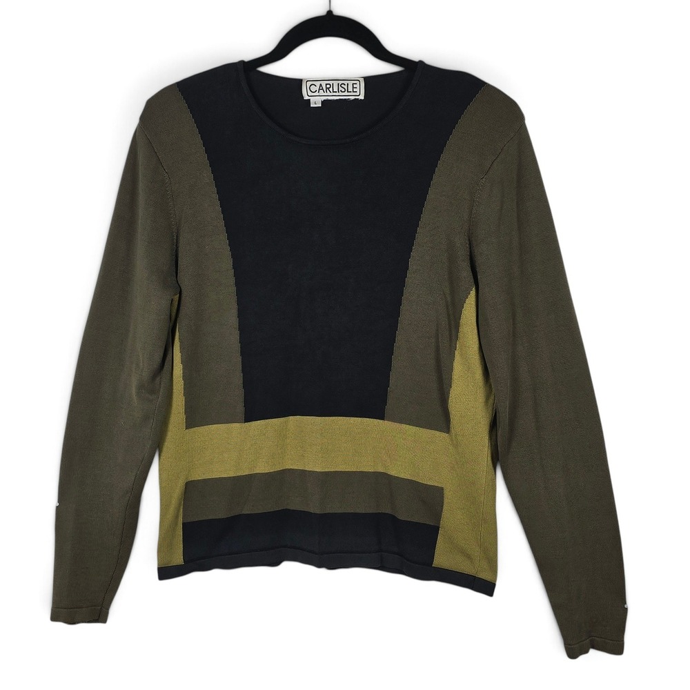 Carlisle Sweater Women Large Colorblock Olive Green Black Geometric Knit Career